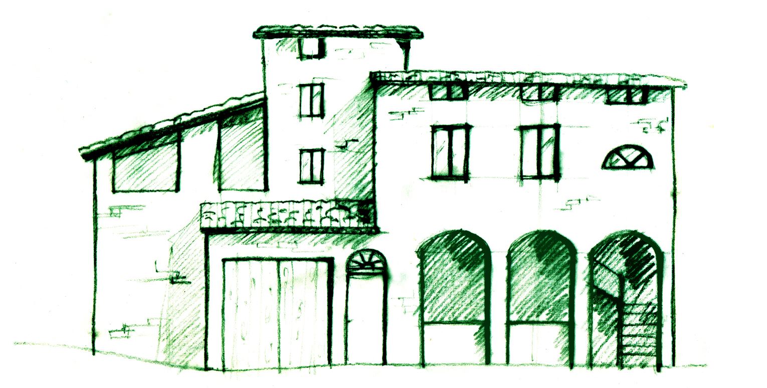 Disegno a mano del borgo contadino di Magnano, raffigurato sulle etichette