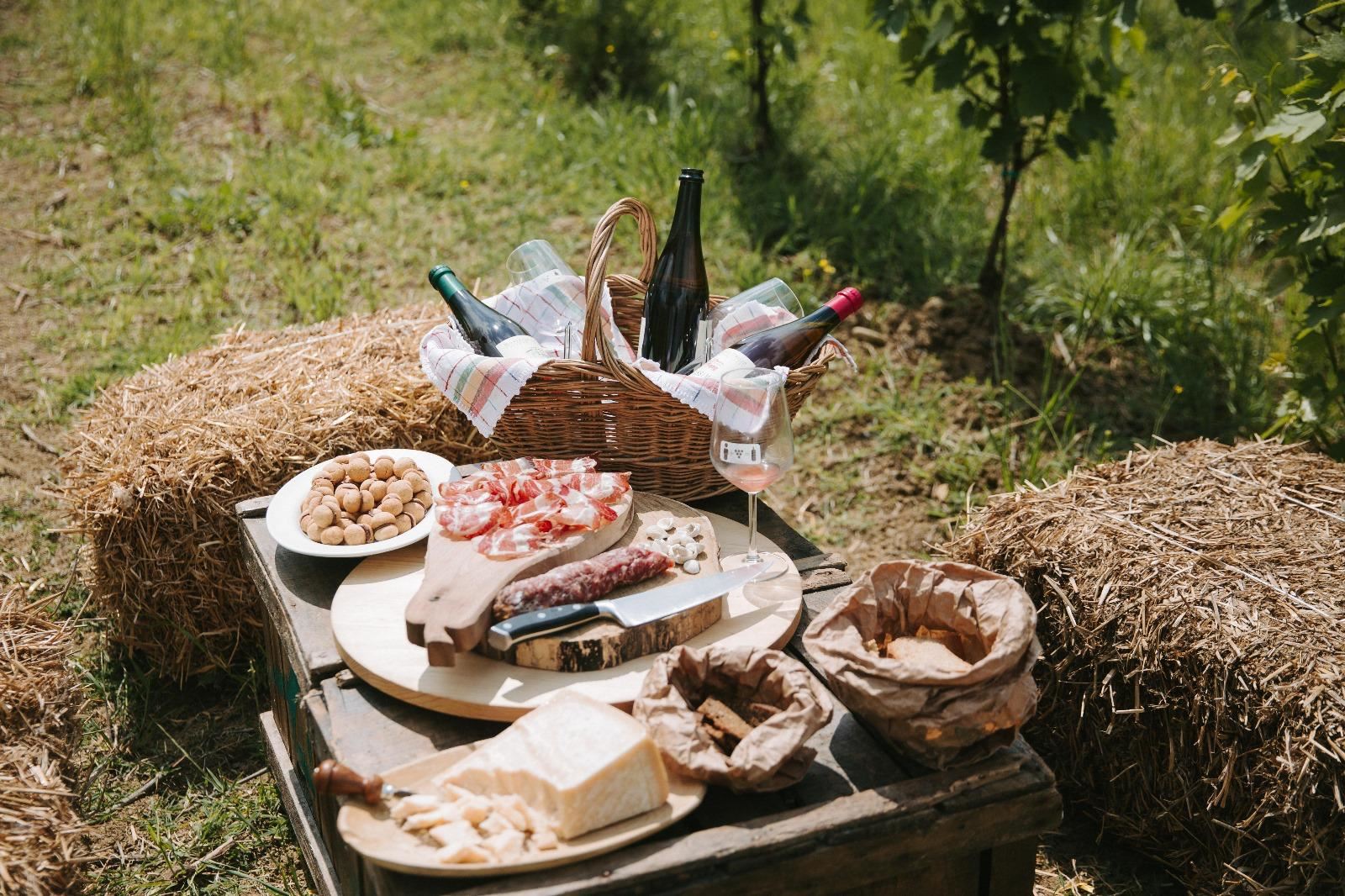 Picnic allestito tra balle di fieno nel vigneto